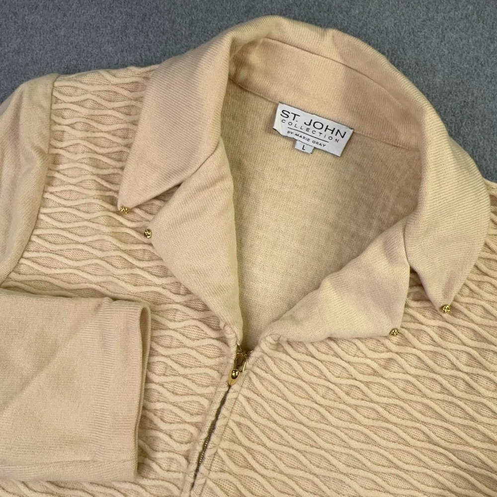 St John Collection Santana Knit Zip Jacket Women's Size L Cream Cable Textured